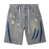 Short en jean à taille élastique avec cordon de serrage pour homme grande taille, jeans uniques et contrastés, jeans déchirés